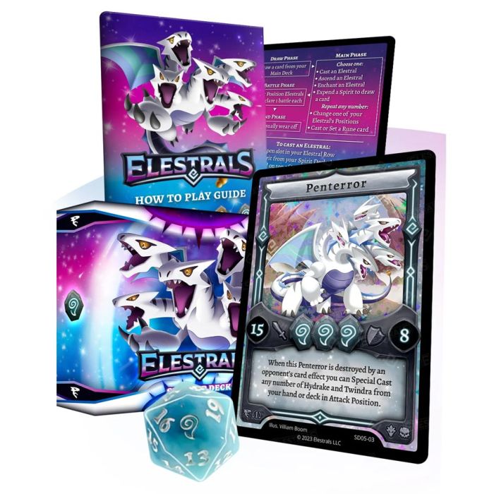 Elestrals - Base Set Starter Deck - Penterror 1st Edition - Elestrals Base Set Starter Deck with colorful dragon-themed packaging, rulebook, and character card featuring a white dragon