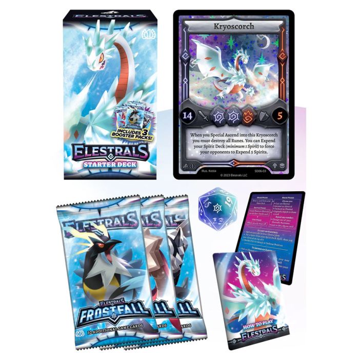 Elestrals: Frostfall: Starter Deck: Kryoscorch - Elestrals Frostfall Starter Deck Kryoscorch box with illustrated dragon, game cards, two foil card packs, and a purple.