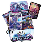 Elestrals - Moonrise - Booster Box - Elestrals Moonrise Booster Box with colorful fantasy creature card packs and illustrated game cards displayed.