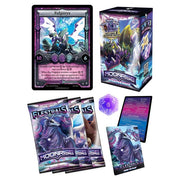 Elestrals - Moonrise - Fulgoryx Starter Deck - Elestrals Moonrise Fulgoryx Starter Deck with purple trading card, three booster packs, purple 10-sided die, and game rules.