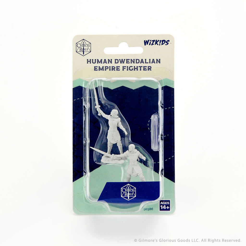 Critical Role Mini: Human Dwendalian Fighter Female - Female Dwendalian fighter miniature in dynamic pose with sword and shield, unpainted gray plastic.
