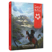 Legend of the Five Rings RPG: Emerald Empire - Legend of the Five Rings RPG book with red spine, featuring a warrior on horseback overlooking a misty mountainous landscape