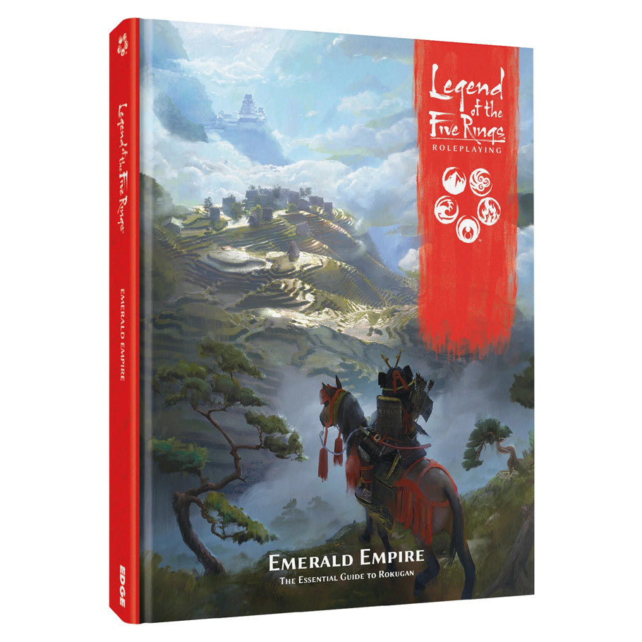 Legend of the Five Rings RPG: Emerald Empire - Legend of the Five Rings RPG book with red spine, featuring a warrior on horseback overlooking a misty mountainous landscape
