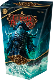 Flesh and Blood: Armory Deck Gravy Bones - Dark fantasy card deck box featuring a blue armored warrior with a horned helmet and glowing eyes, labeled Flesh and Blood.