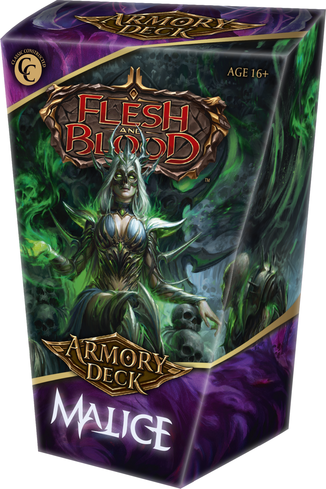 Flesh and Blood: Armory Deck - Malice (PREORDER) - Flesh and Blood Armory Deck box with dark green and purple artwork featuring a hooded woman holding a skull, labeled.