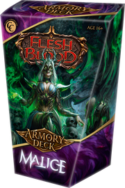 Flesh and Blood: Armory Deck - Malice (PREORDER) - Flesh and Blood Armory Deck box with dark green and purple artwork featuring a hooded woman holding a skull, labeled.