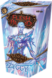 Flesh and Blood: Zyggy Armory Deck (PREORDER) - Blue and silver fantasy-themed card game box with armored humanoid figure and "Flesh and Blood Armory Deck Zyggy" text.