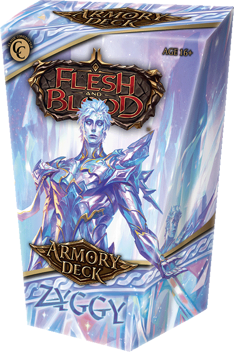 Flesh and Blood: Zyggy Armory Deck (PREORDER) - Blue and silver fantasy-themed card game box with armored humanoid figure and "Flesh and Blood Armory Deck Zyggy" text.