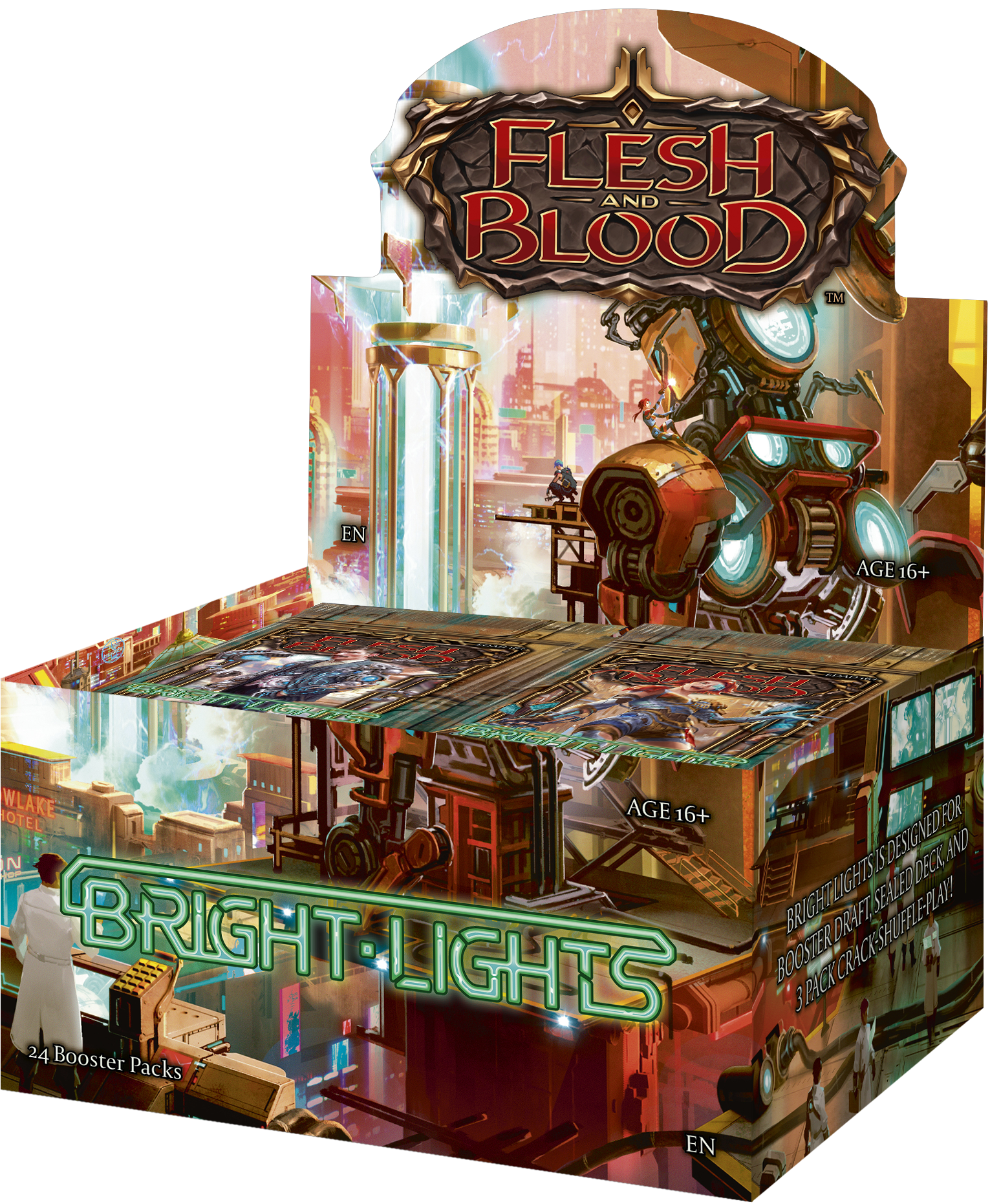 Flesh and Blood - Bright Lights - Booster Box - Flesh and Blood Bright Lights booster box with vibrant cityscape art and steampunk mechanical details.