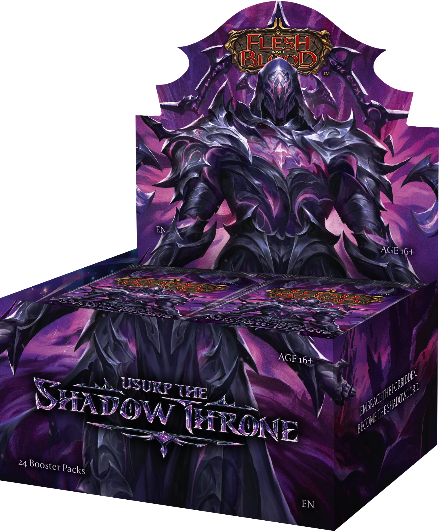 Flesh and Blood: Usurp the Shadow Throne Booster Display (PREORDER) - Purple and black booster display box featuring a dark armored character with glowing accents and the Flesh and Blood logo at