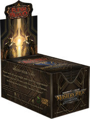 Flesh and Blood: Mastery Pack Guardian Booster Display - Dark-themed cardboard display box with gold and red accents, featuring fantasy artwork and "Flesh and Blood Mastery Pack.