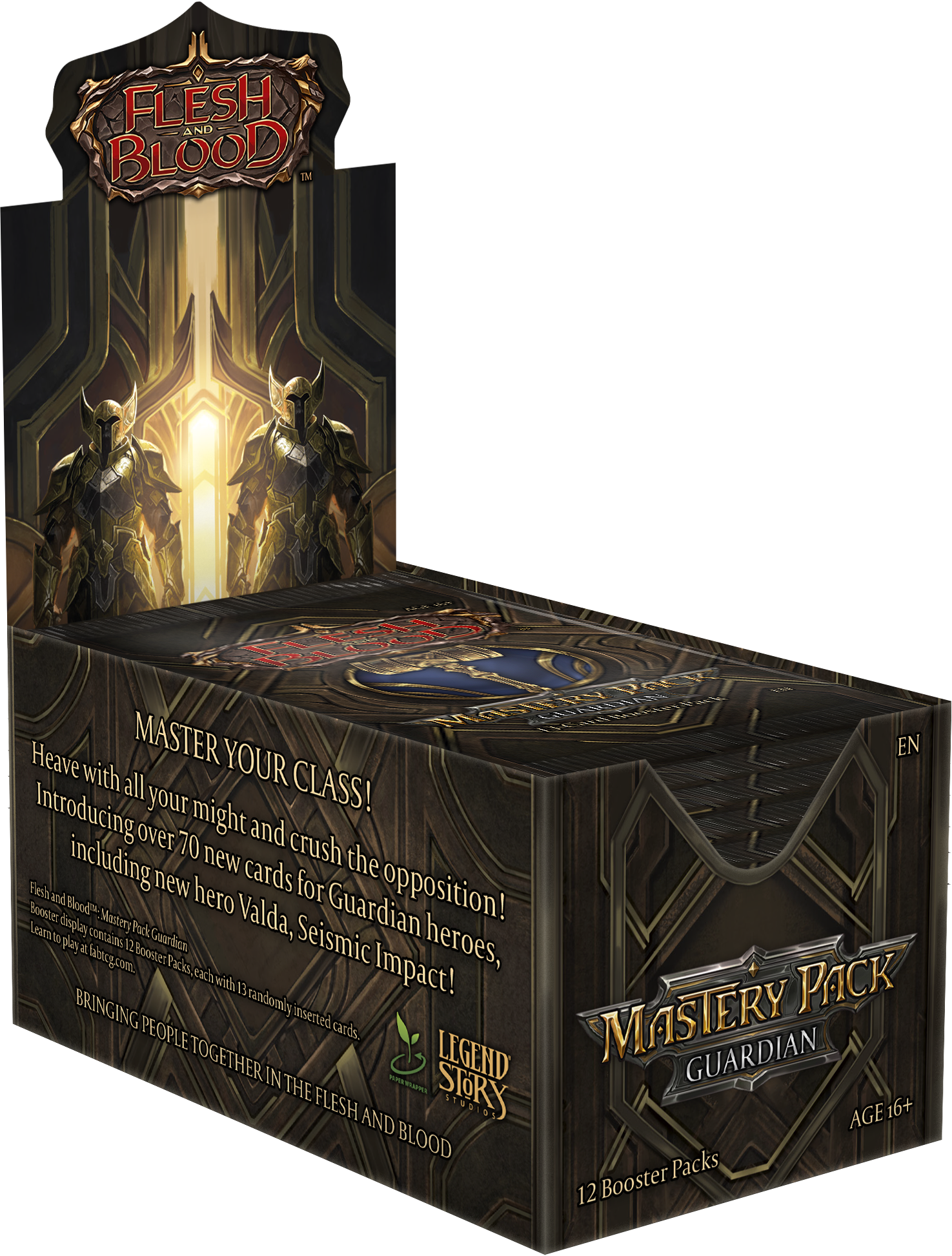 Flesh and Blood: Mastery Pack Guardian Booster Display - Dark-themed cardboard display box with gold and red accents, featuring fantasy artwork and "Flesh and Blood Mastery Pack.