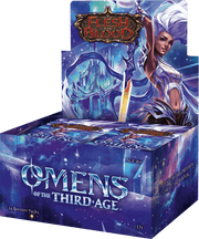 Flesh and Blood TCG: Omens of the Third Age Booster Display (PREORDER) - Colorful blue and purple booster display box for Flesh and Blood TCG Omens of the Third Age with fantasy artwork and logo.