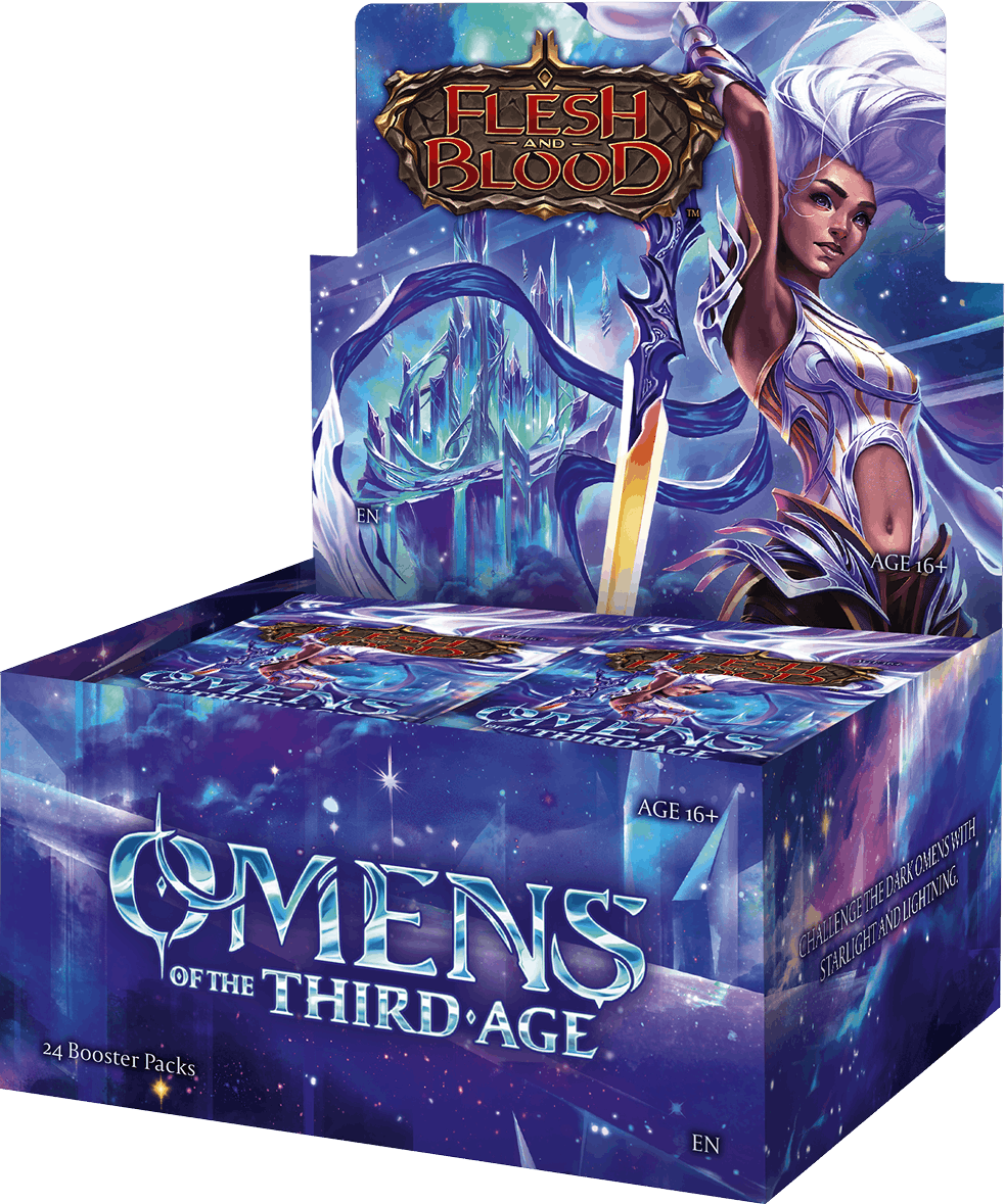 Flesh and Blood TCG: Omens of the Third Age Booster Display (PREORDER) - Colorful blue and purple booster display box for Flesh and Blood TCG Omens of the Third Age with fantasy artwork and logo.