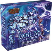 Flesh and Blood: Omens of the Third Age Prerelease Kit - Rectangular box with purple and blue fantasy artwork featuring two armored characters and swirling magical energy, labeled.