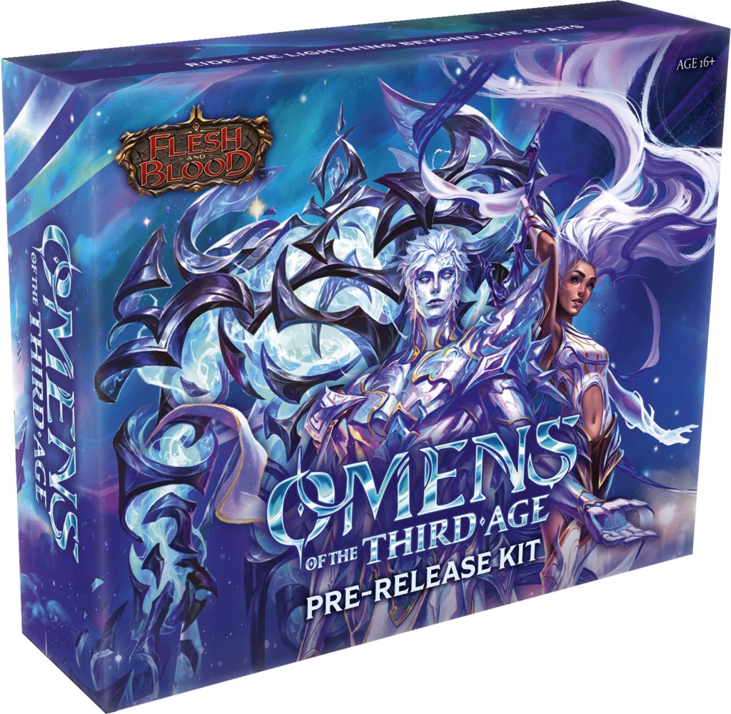 Flesh and Blood: Omens of the Third Age Prerelease Kit - Rectangular box with purple and blue fantasy artwork featuring two armored characters and swirling magical energy, labeled.