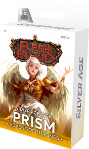 Flesh and Blood: Silver Age Deck - Prism, Advent of Thrones (PREORDER) - Flesh and Blood Silver Age Prism Advent of Thrones deck box featuring golden armor and white wings on a white background.
