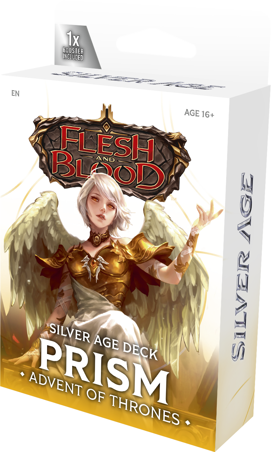 Flesh and Blood: Silver Age Deck - Prism, Advent of Thrones (PREORDER) - Flesh and Blood Silver Age Prism Advent of Thrones deck box featuring golden armor and white wings on a white background.