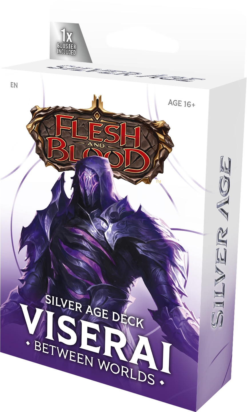 Flesh and Blood: Silver Age Deck - Viserai, Between Worlds (PREORDER) - Flesh and Blood Silver Age Deck box with purple armored warrior artwork and metallic logo on white background.