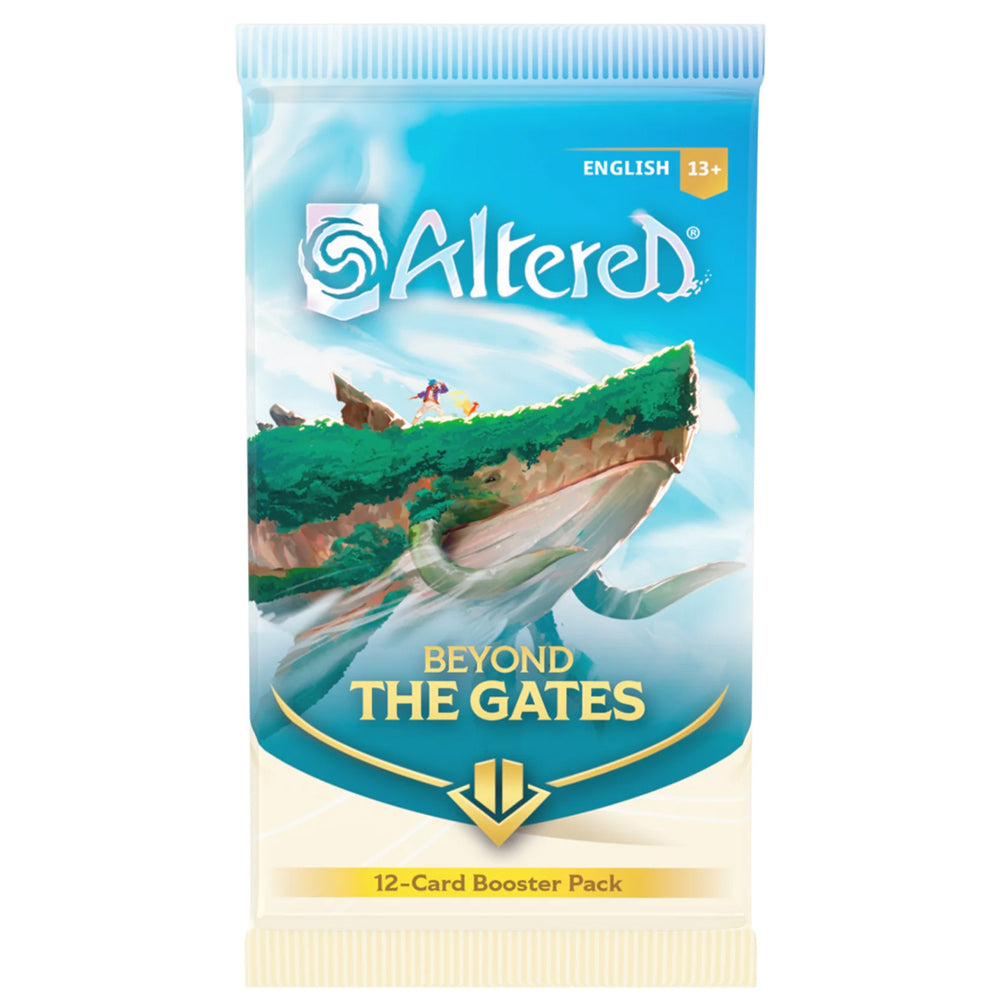 Altered: Beyond the Gates Booster Pack - Blue and white card booster pack featuring floating island art and "Altered Beyond The Gates" text.