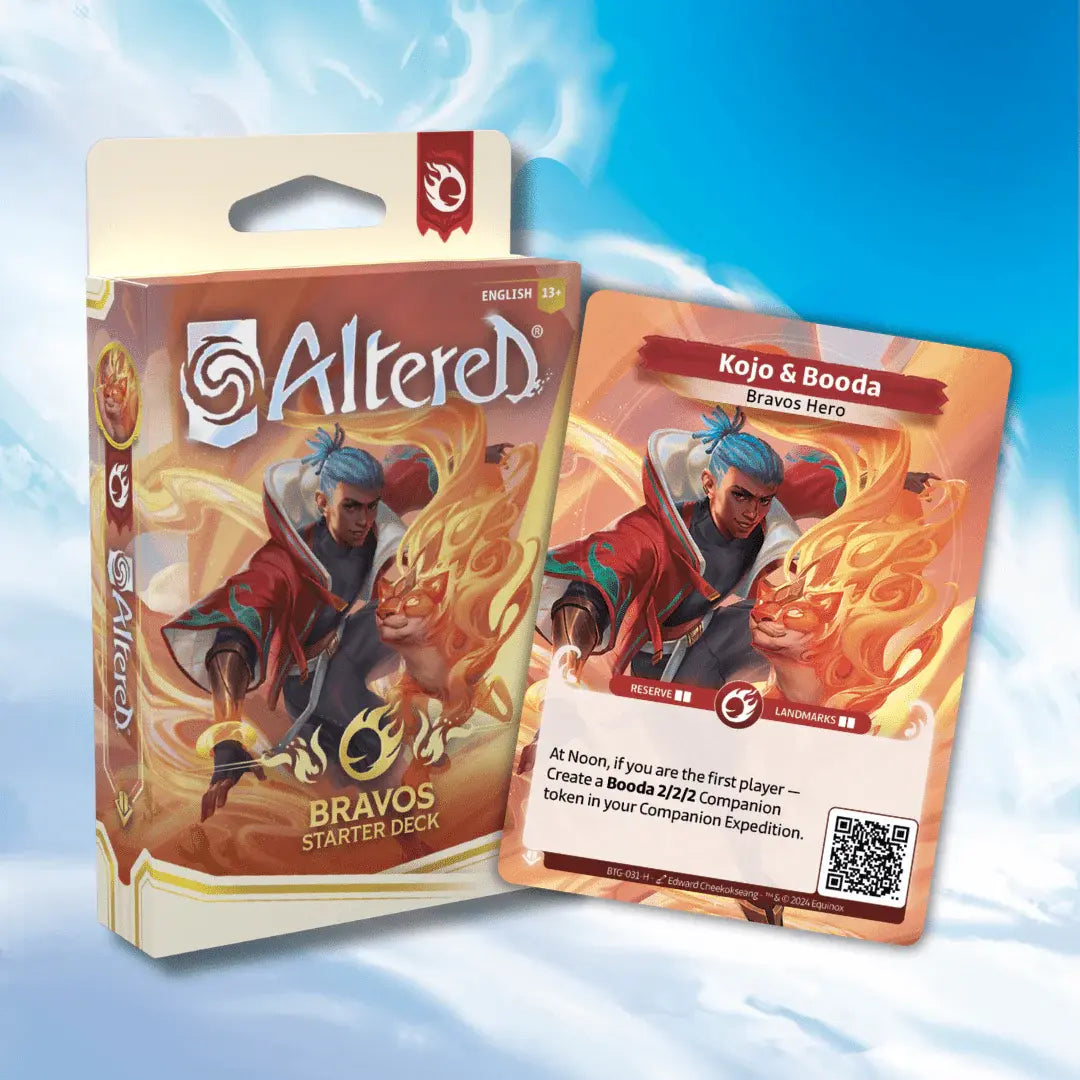 Altered Starter Deck: Bravos - Altered Starter Deck packaging featuring fiery warrior artwork with orange flames, next to a game card showing the character