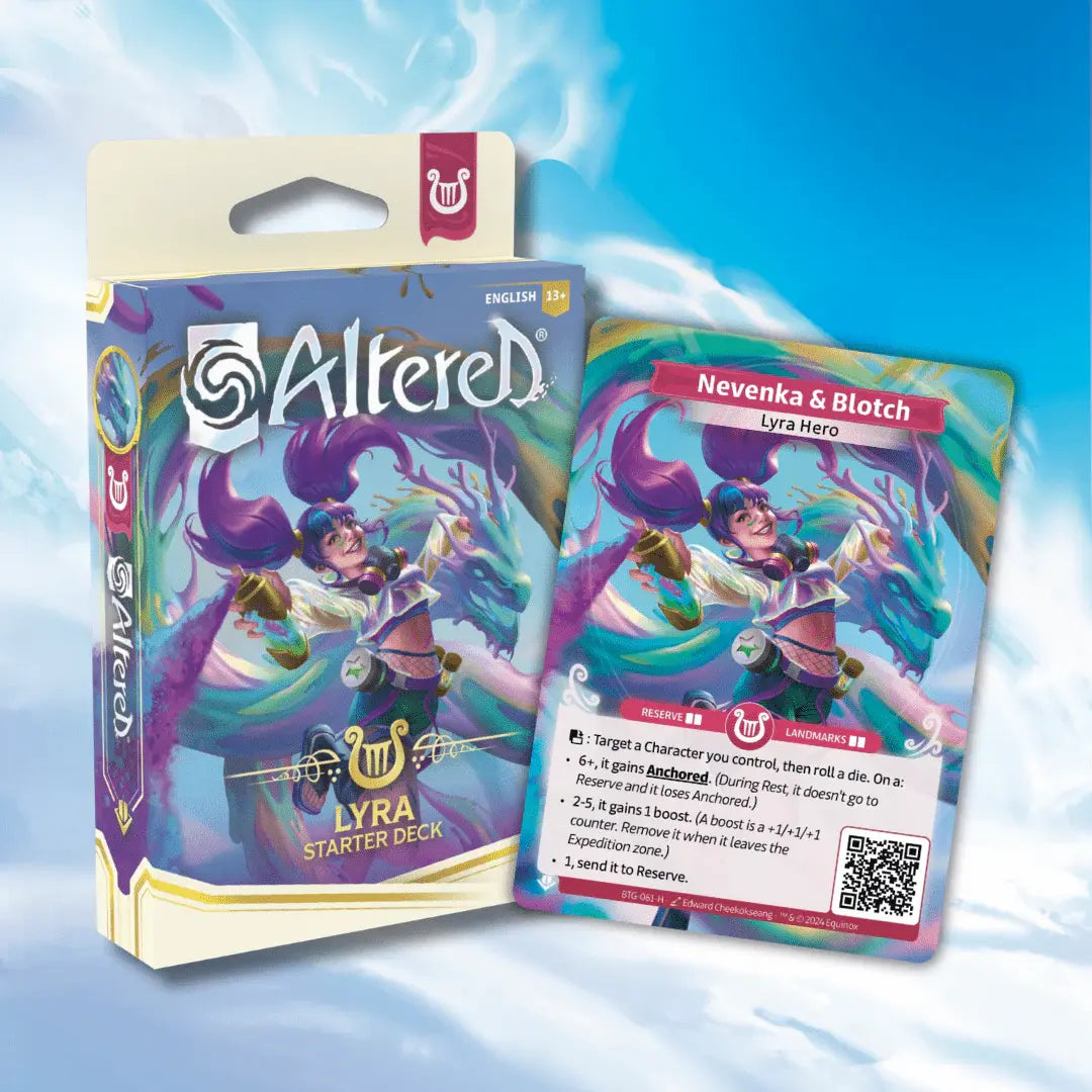 Altered Starter Deck: Lyra - Lyra box with purple-haired female character artwork, accompanied by a colorful game card featuring Lyra in dynamic pose and