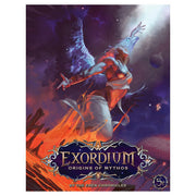 D&D 5E: Exordium: Origins of Mythos - Dark fantasy book cover featuring a robed figure with glowing red arm and wings, surrounded by cosmic and fiery elements,.