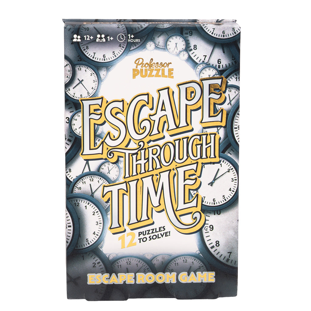 Escape Through Time - Rectangular puzzle box with vintage clock faces in gray and white tones, bold yellow text reading "Escape Through Time," and