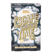 Escape Through Time - Rectangular puzzle box with vintage clock faces in gray and white tones, bold yellow text reading "Escape Through Time," and