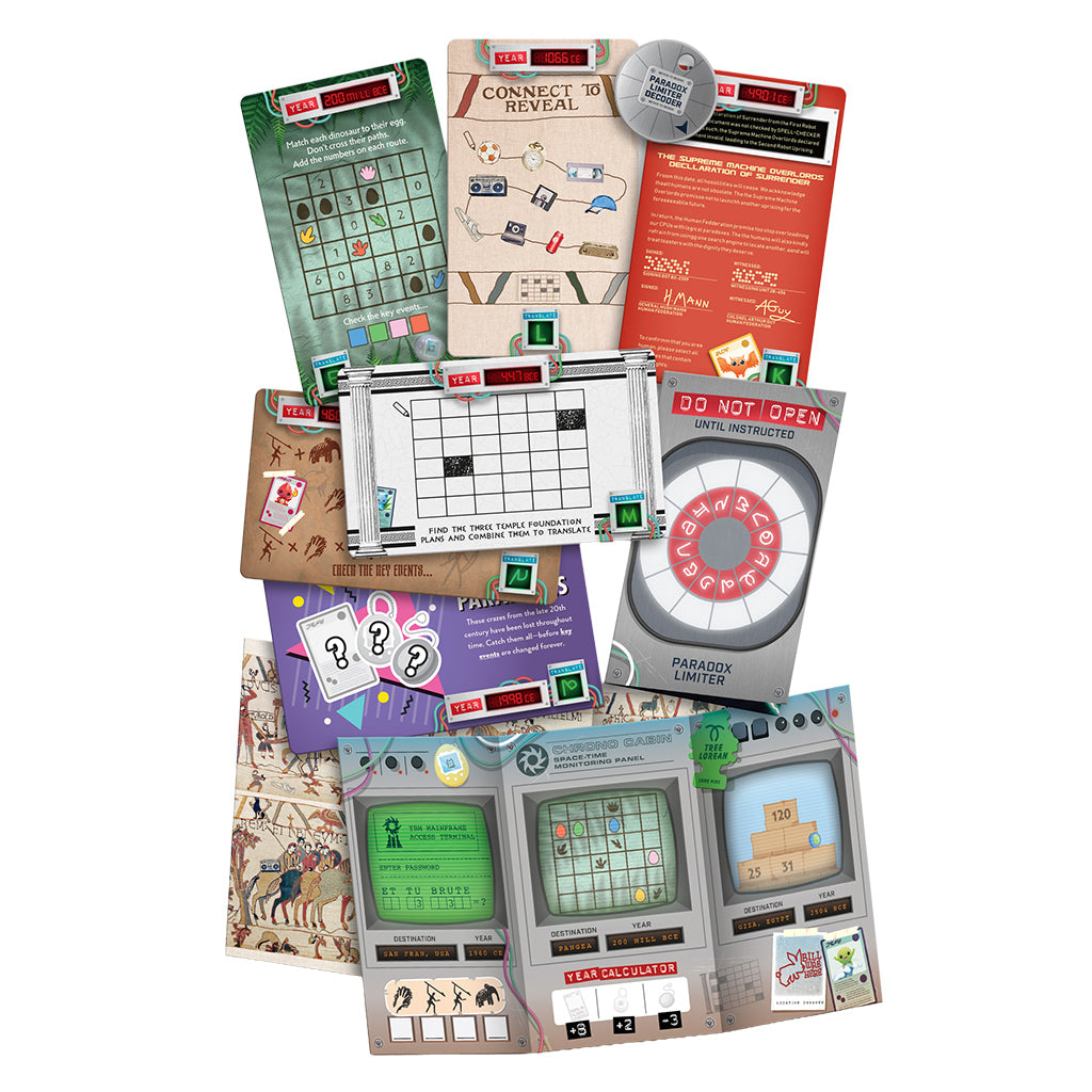 Escape Through Time - Escape Through Time puzzle game with colorful cards, cipher wheel, clues, and illustrated panels.