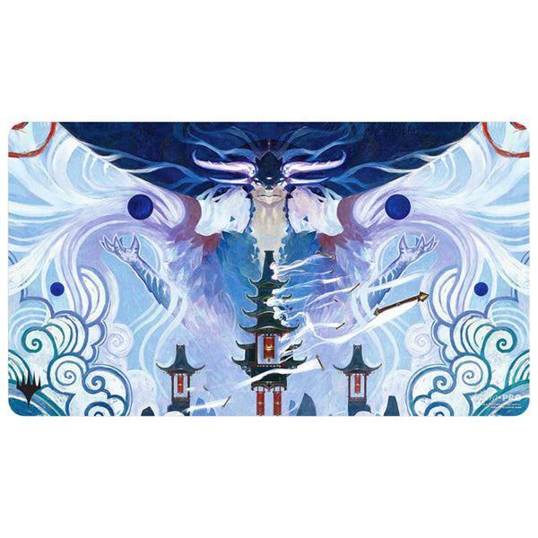 MTG Playmat - Tarkir: Dragonstorm - Shiko and Narset, Unified - Rectangular playmat featuring vibrant fantasy artwork with symmetrical design, swirling blue and white clouds, a central.