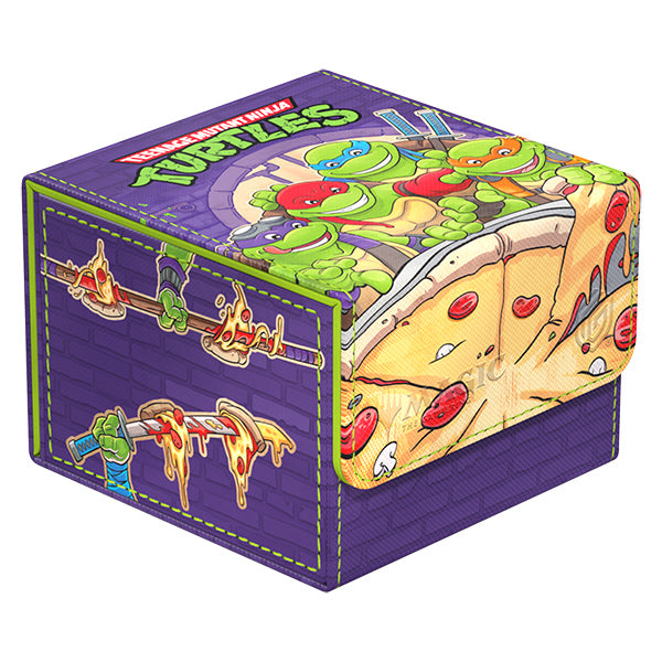 Ultimate Guard Sidewinder 133+ Xenoskin Deck Case: Teenage Mutant Ninja Turtles - Pizza Box - Purple rectangular card deck case with Teenage Mutant Ninja Turtles artwork and pizza slice graphics.