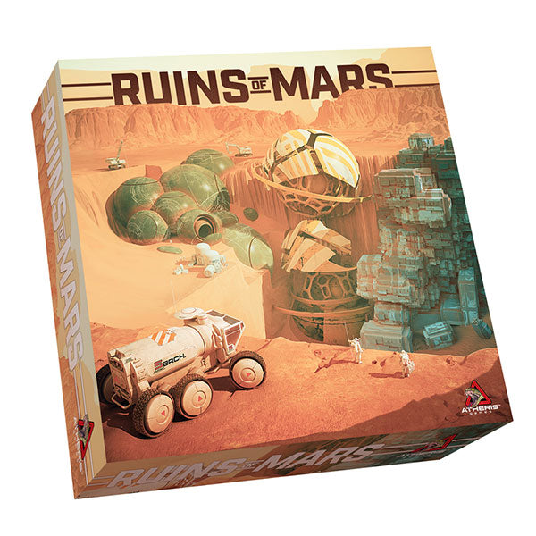Ruins of Mars (PREORDER) - Board game box with a Mars landscape featuring a rover, domed habitats, and rock formations in warm orange and brown tones.