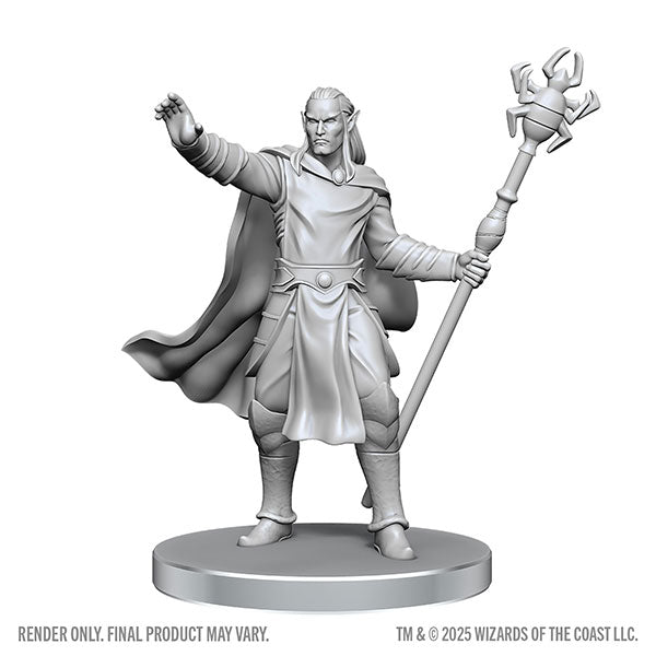 D&D Nolzur's Marvelous Miniatures: Drow Mage & Yochlol (PREORDER) - Unpainted gray resin miniature of a robed male drow mage holding a detailed staff with a spider figure on top, standing on.
