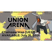 Union Arena: Chainsaw Man - Booster Display - Booster display box for Chainsaw Man trading card game featuring character holding chainsaw on gray background with black.