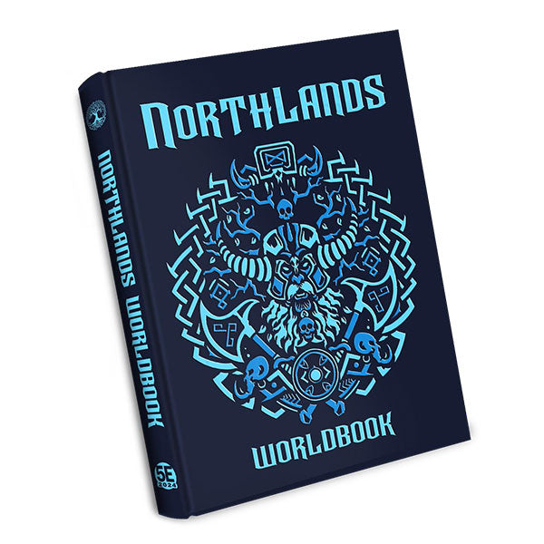 Northlands Worldbook, Limited Edition (D&D, 5e) (PREORDER) - Dark blue hardcover book with intricate light blue Nordic-style illustration and text reading Northlands Worldbook on cover.