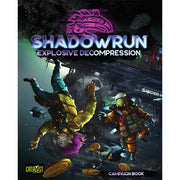 Shadowrun, 6e: Explosive Decompression (PREORDER) - Dark sci-fi cover with two armored figures falling amid coins and debris, neon blue and purple "Shadowrun Explosive.