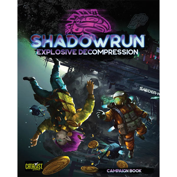 Shadowrun, 6e: Explosive Decompression (PREORDER) - Dark sci-fi cover with two armored figures falling amid coins and debris, neon blue and purple "Shadowrun Explosive.