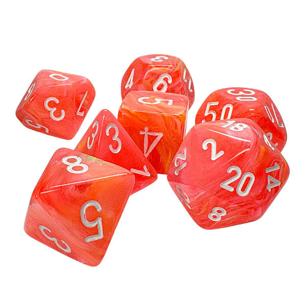 Chessex: Mega-Hedrals Festive 7-Die Set - Dahlia/White - Seven red-orange translucent polyhedral dice with white numbers, varying shapes including d20, d12, and d6.