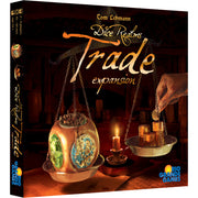 Dice Realms: Trade Expansion - Dark box featuring balancing scales with shiny gold coins and colorful gemstones, lit by candlelight, Dice Realms Trade.
