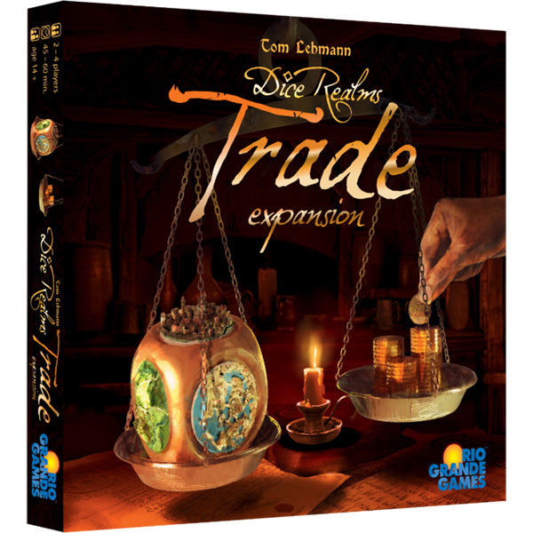 Dice Realms: Trade Expansion - Dark box featuring balancing scales with shiny gold coins and colorful gemstones, lit by candlelight, Dice Realms Trade.