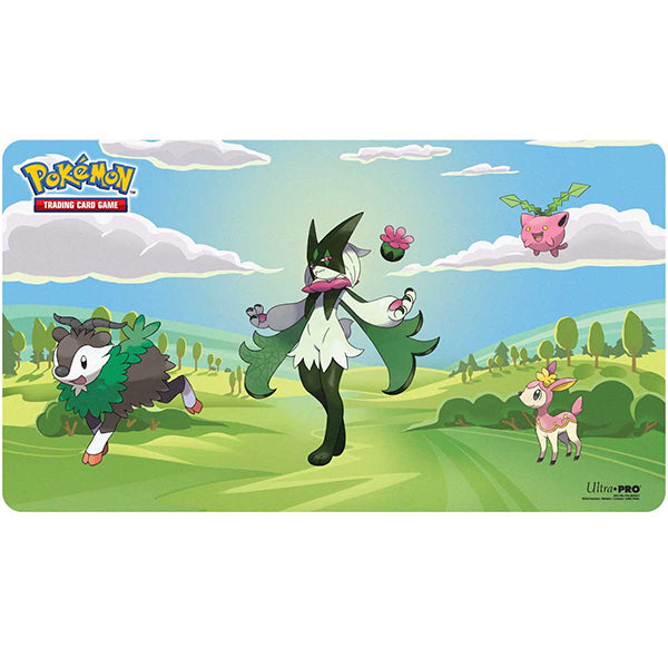 Playmat: Pokemon- Gallery Series Morning Meadow - Rectangular playmat with vibrant green meadow and blue sky background featuring Pokémon Grookey, Rillaboom, Skwovet, and.