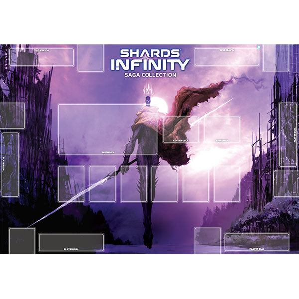 Shards of Infinity: Double-Sided Playmat, Saga Edition (PREORDER) - Purple-themed rectangular gaming playmat with a cloaked warrior holding a glowing sword, fantasy landscape background, card.