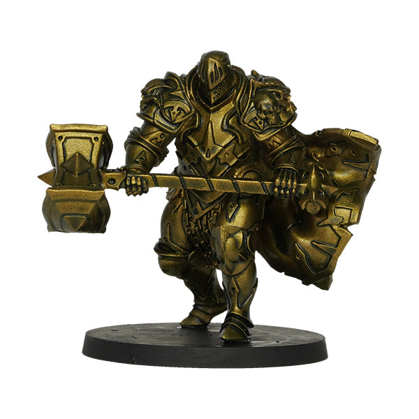 Vallejo True Metallic Metal Shade: Greenish Gold (18ml) - Metallic greenish gold painted miniature knight figurine with detailed armor and large hammer on round black base.