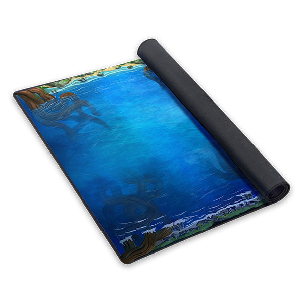 Valheim: Neoprene Game Mat - Rolled-up neoprene game mat with vivid blue ocean design and detailed shorelines on edges.