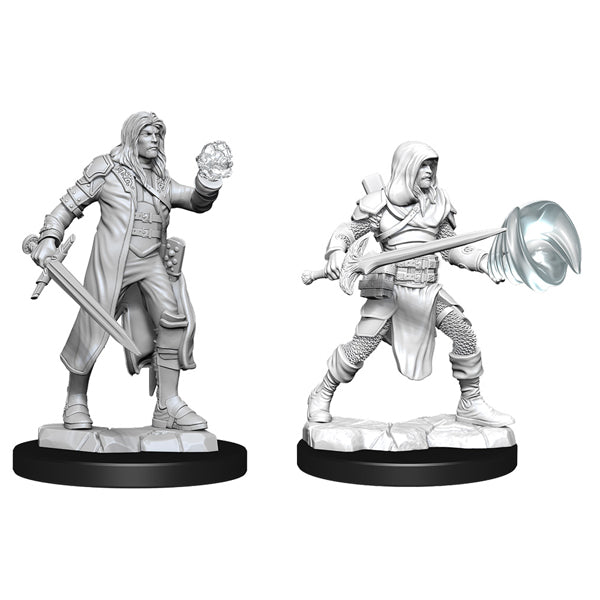 D&D Nolzur's Marvelous Miniatures: Multiclass Fighter + Wizard Male - A robed male wizard holding a skull in one hand and a sword in the other, and a hooded male fighter-wizard wielding a.