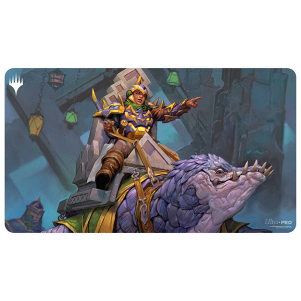 MTG Playmat - Tarkir: Dragonstorm - Eerie Ultimatum - Gaming playmat with fantasy artwork of armored warrior riding a large, purple-scaled reptilian creature against a dark,.