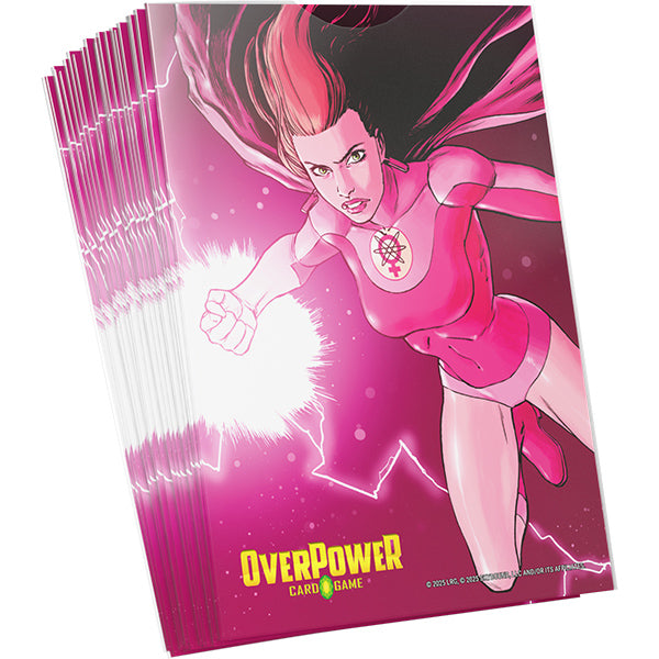 OverPower CCG Sleeves: Invincible - Atom Eve (PREORDER) - Card game sleeves featuring a dynamic illustration of a female superhero in a pink outfit with flowing hair, glowing energy.
