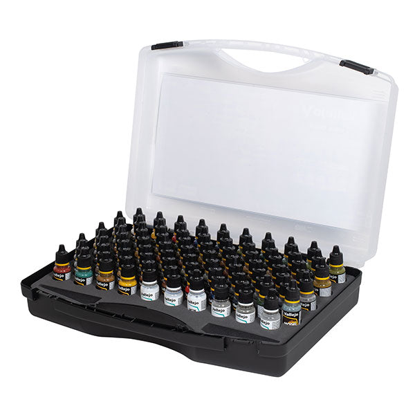 Vallejo Model Air: Color Selection Case (PREORDER) - Black plastic carrying case opened to show 48 small Vallejo Model Air paint bottles with colorful labels inside foam insert.