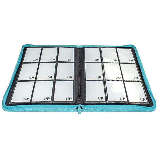 Ultra Pro 9-Pocket Zippered Binder: Vivid - Light Blue (PREORDER) - Light blue zippered binder open to display two pages of nine clear 9-pocket plastic card sleeves.